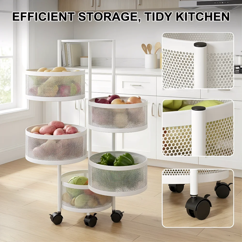 Rotating Steel 4-Tier Durable Shelf Round Trolley Vegetable Fruit Cart Multifunctional Kitchen Storage Rack