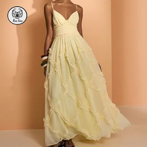 Custom Low MOQ Fashion V-neck Ruffle Sleeve Casual Summer Women Elegant Maxi Dress