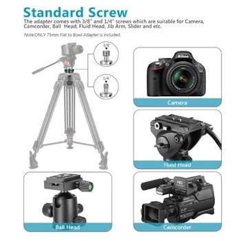 Neewer 75mm Bowl Adapter,Metal Half Ball Flat to Bowl Adapter Convert with 3/8-inch Screws Mount on Tripod and Fluid Head detail image