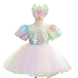 Customizable Summer New Design Rainbow Bows Girls Dresses Sequined Tulle Dress Short Puffy Sleeve Flower Girls' Dresses