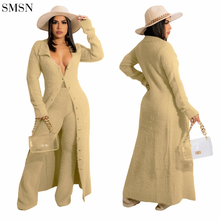 Best Design Solid Color Plush Long Coat Casual Suit Wholesale 2 Piece Set Women Clothes 2 Pice Women Sets