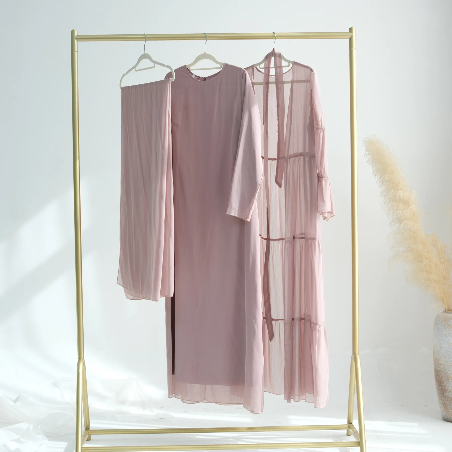 2025 Modest Robe Elegant Chiffon Open Abaya Kimono 3 Pieces Abaya Inner Dress and Hijab Set for Special Occasion