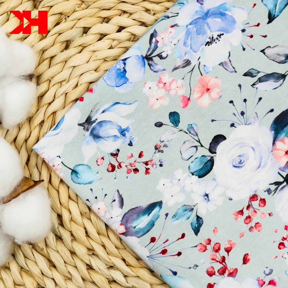 Оптовая продажа Трикотажная хлопковая ткань шириной 155 см с цветочным принтом для