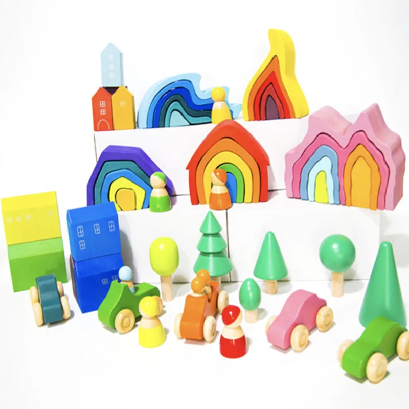 Hot Sale Eco-Friendly Montessori Building Blocks Rainbow Wooden Stacking Bricks Toys