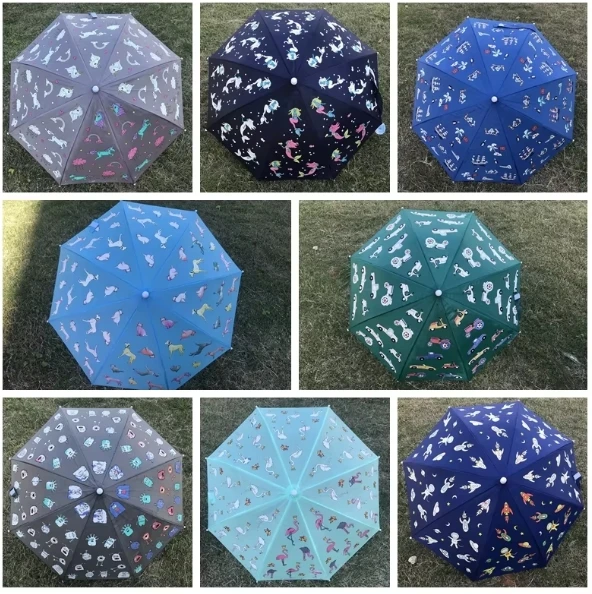 Kids Umbrella Color Changing  Magic Umbrella Custom Print with Cat and Dog Cartoon Safe Opening Full Fiberglass Ribs Manual 190g