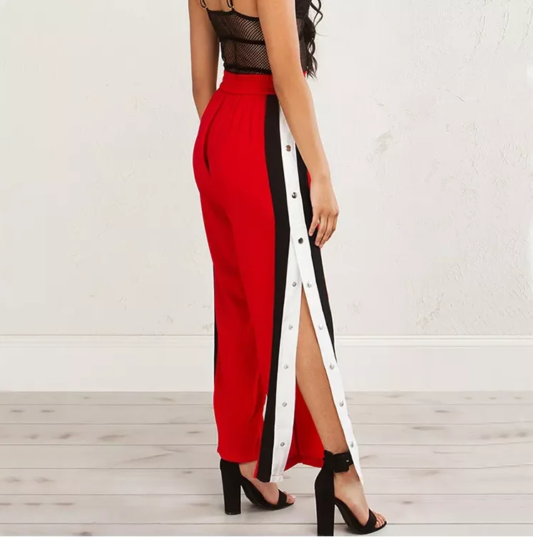 スラックス Side Snap Button Crop Wide Pants Casual Women's Side Snap Button Split Cropped Trousers