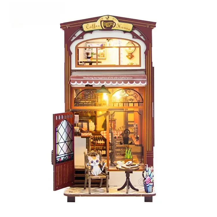 New Custom 3D DIY Booknook Coffee House Miniature wooden Book Nook Kit Bookshelf Nook Book 3D Wooden Puzzle Dollhouse M2411