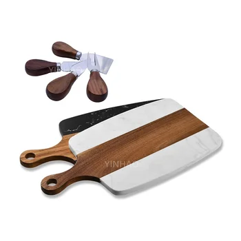 Cheese Charcuterie Board with Handle Cheese Board With Walnut Wooden Handle Cheese Knife Set Wood and Marble Cutting Board