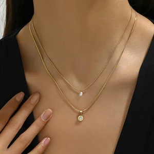 French Stainless Steel Design Double Layer Stacked Zircon Pendant Necklace Sporty Unisex Fashionable All-match Simple
