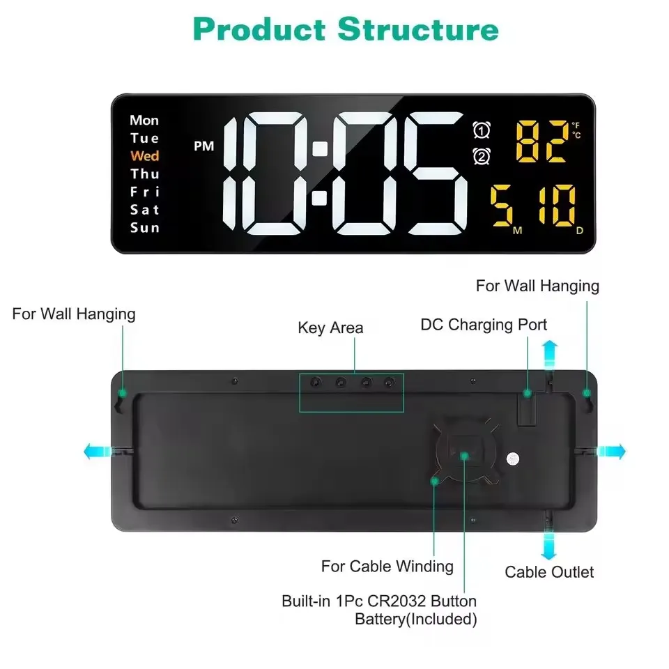 The Most Popular 13 Inches Big Size Digital Wall Clock Remote Control Wall LED Clock With Temperature Calendar
