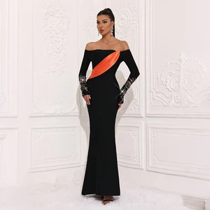 ZYHT 70101 Off Shoulder Long Sleeve Black Mermaid Bodycon Long Banquet Party Dress Elegant Women Formal Maxi Gown Evening Dress