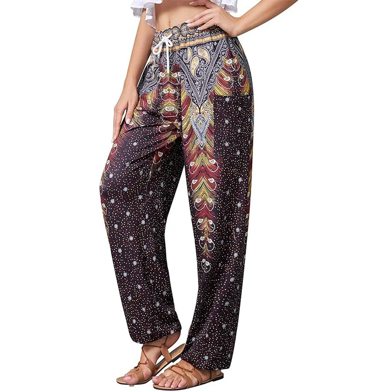 Nuofengkudu Hippiebroek met laag kruis voor vrouwen, harembroek, losse broek met boho-patroon, loungewear., B-marineblauw, one size