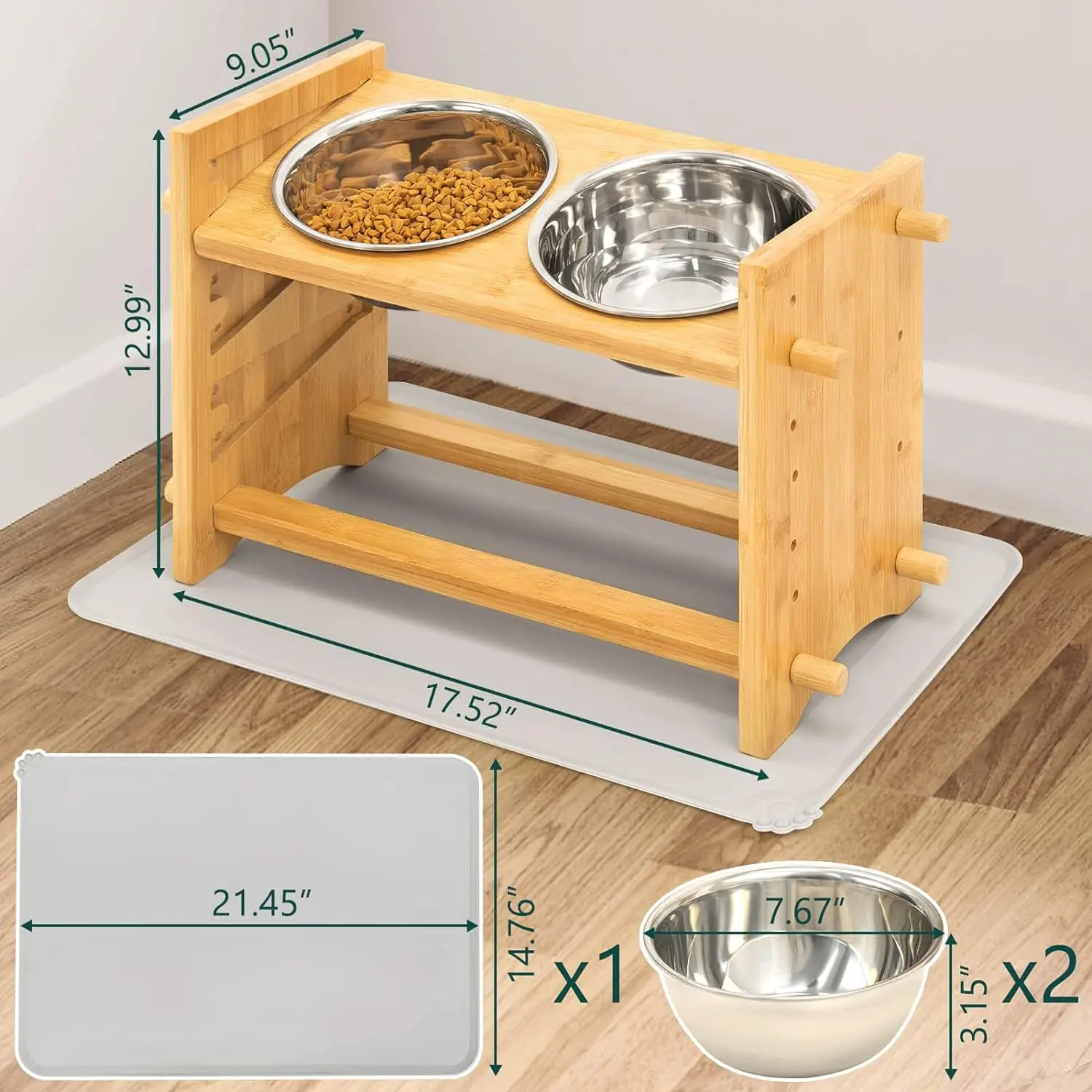 product adjustable bamboo pet feeder with 2 500ml stainless steel bowls anti slip elevated food stand for dogs-2