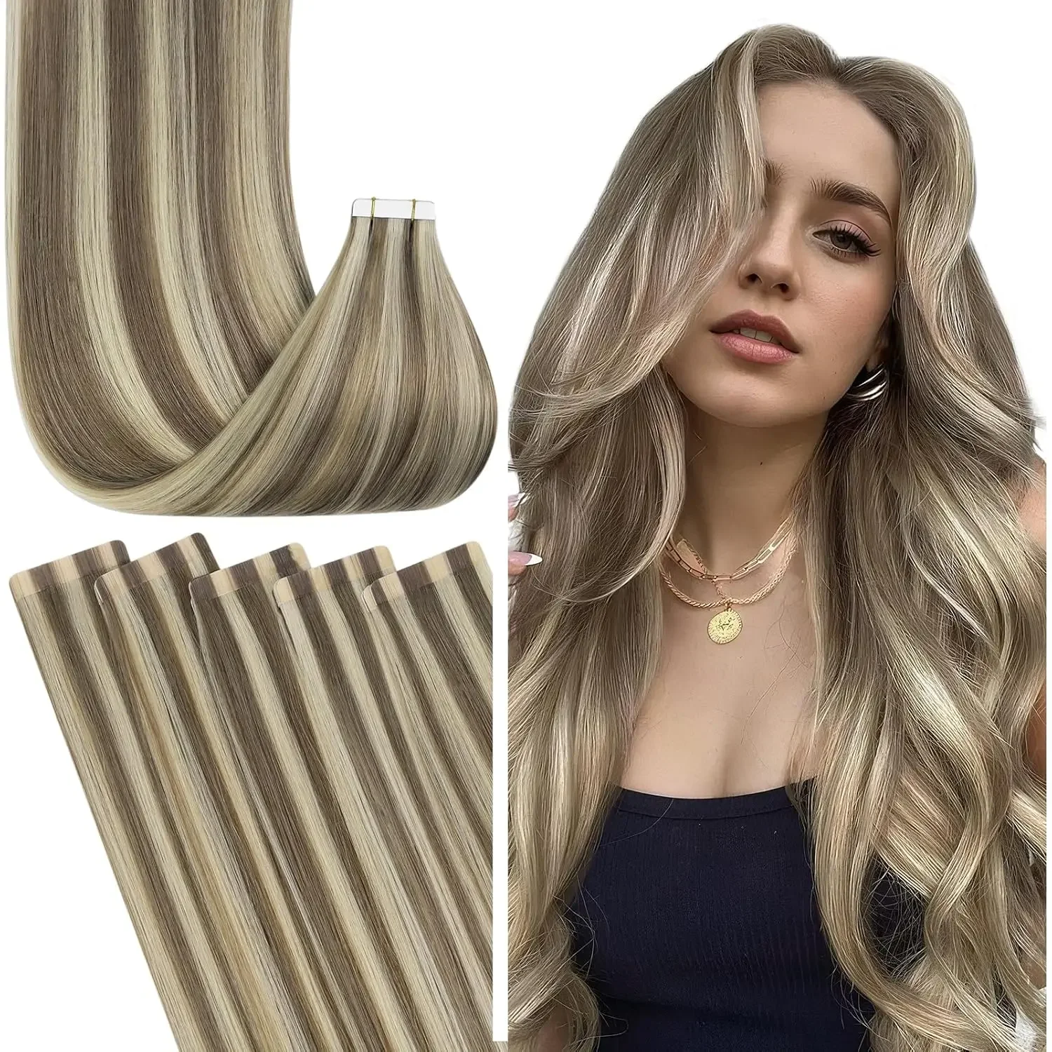 Laavoo Tape in Extension per capelli umani 20 pezzi, con effetto evidenziatore, capelli veri naturali Remy, lisci, con trama in pelle, con nastro in extension per capelli_voghion.com