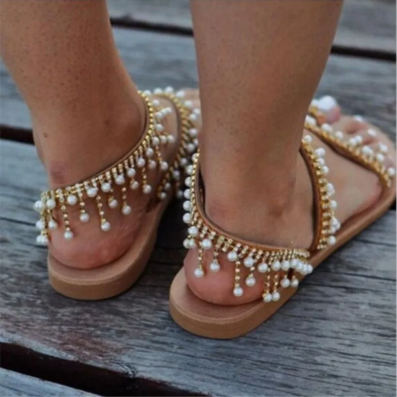 Large Pearl Summer New Beaded Toe Flat Lady Roman Sandals
