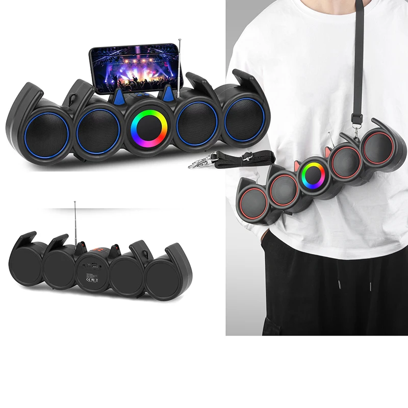 Portable Outdoor RGB LED Colorful Light Stereo BT Woofer Speaker Mini Rechargeable Plastic Bass Speaker with Active FM Radio