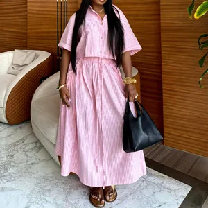 GX7189 Fashion 2026 Women Clothing Vendor Summer Street Wear Short Sleeve Stripped Shirt and Maxi Skirt 2 Piece Set