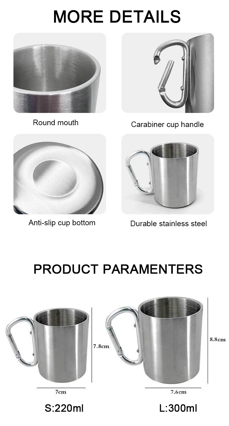 Outdoor Metal Travel Coffee Mugs Custom Stainless Steel Carabiner Mugs