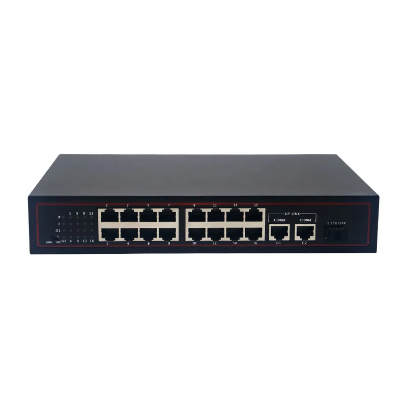 Interruptor PoE de 16 portas RJ45 100Mbps com 2 links upstream Gigabit e 1 slot SFP 802.3af/at Potência total 48V 150W