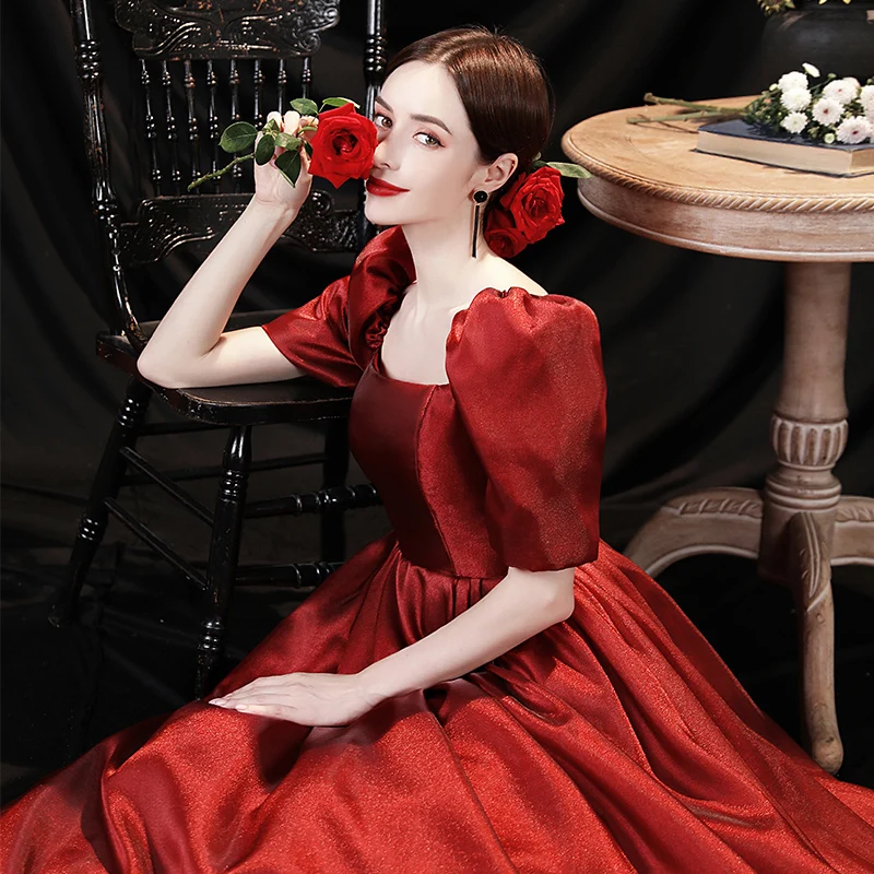 Wine Red Bridesmaid Dress Long Engagement Dress Temperament Slim Evening  Dress