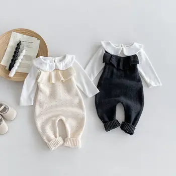 2024 baby girl romper knitted wool sweater jumpsuit cotton hole strap climbing clothes