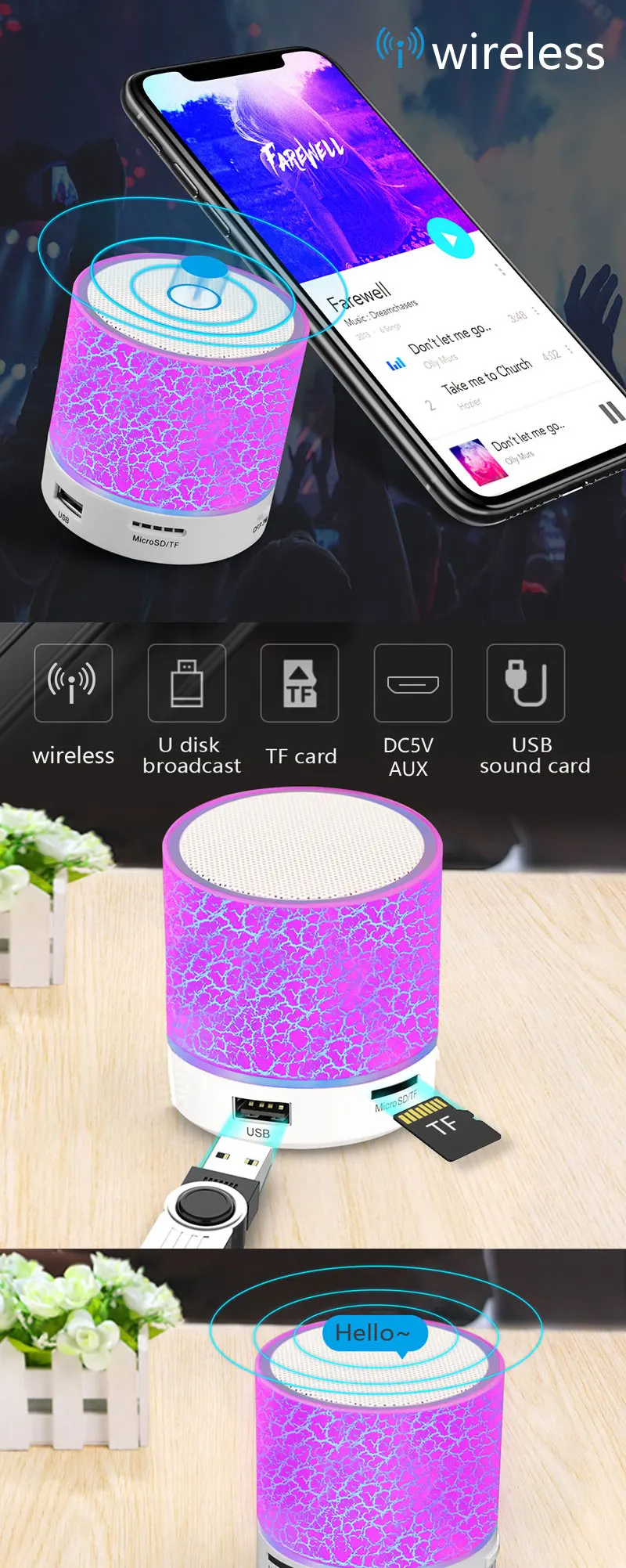 PSDA Wireless Speaker Led Portable Mini Wireless Speaker Player USB Radio FM Mp3 Music Sound for PC Mobile phone Xiaomi