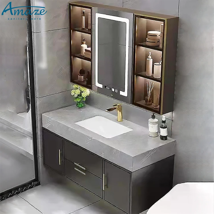 Modern style hotel household furniture plywood design intelligent mirror cabinet bathroom vanitiy sink details