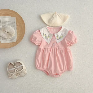 Sisters Summer New Baby Girls Cotton Kids Clothes Floral Pattern Short-Sleeved Romper with Lapel Embroidery Casual Plaid Dress