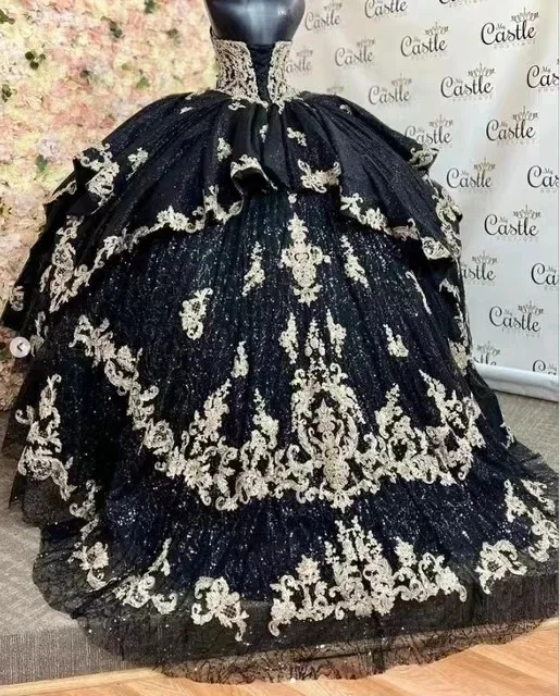 black and gold quince dresses Tulle Quinceanera Ball Black Ball gown with Lace Appliques Three Quarter Sleeves A technical design element that allows the gown to transition from a full KissProm Black Long Sleeves Strapless