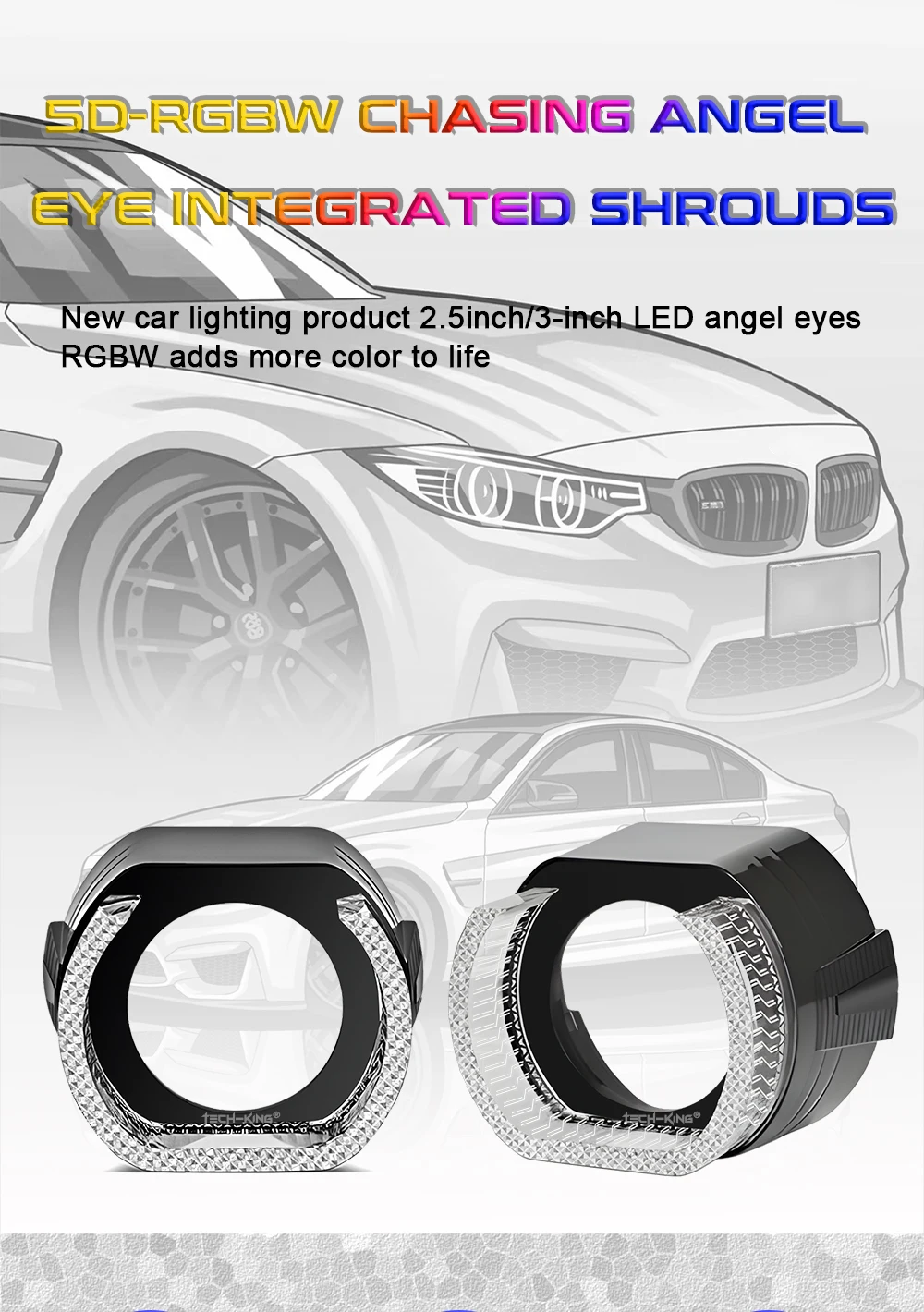 TECH-KING Hot Sale 5D LED 2.5/3.0inch Angel Eyes RGB App Control Decorative Auto Accessory with Angel Eye Daytime Running Lights