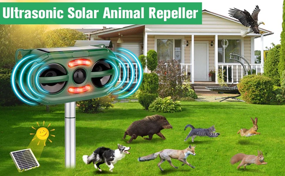 SAIJZEK OEM New Design Outdoor IP66 Solar Powered Animal Repellent Ultrasonic Deer Bat Cat Mouse Monkey Bird Repeller manufacture