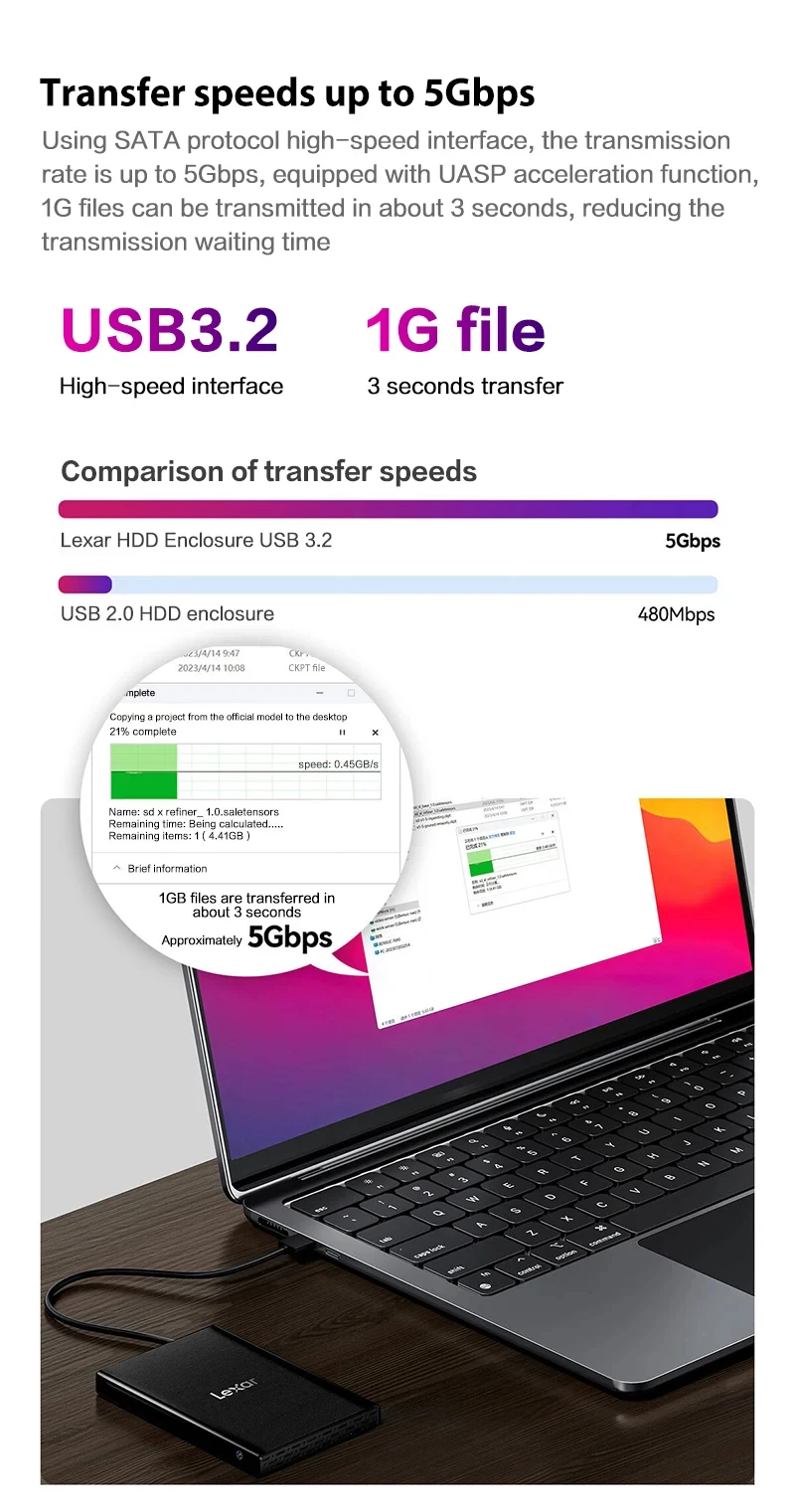 Lexar E100 Case External Hardisk Enclosure 2.5" SATA III USB3.2 GEN 2 Type C for 2TB 4TB SSD Internal Solid State Disk