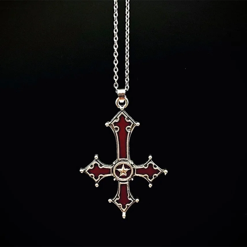 Punk Blood Red Gothic Inverted Cross Pendant Necklace