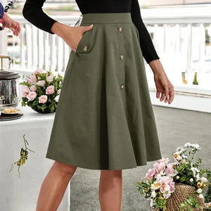 Baggy High Waist Midi Skirts for Women Ladies French Pocket Empire Style Breathable with Button Decoration for Autumn