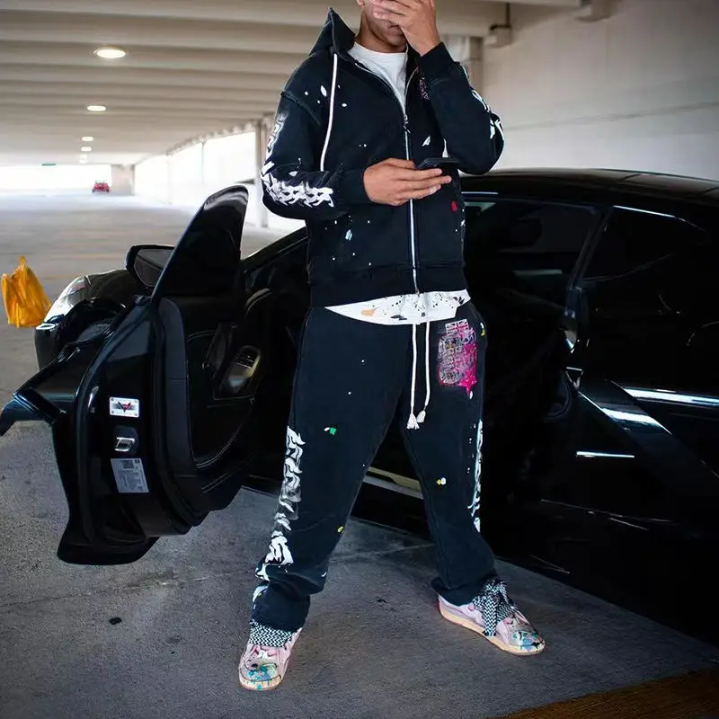 Custom Embroidered Patch Logo Paint Splatter Vintage Acid Wash Sun Faded Sweatpants and Hoodie Set Tracksuit for Men gallery 3