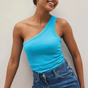 New Women's Fashion Oblique Shoulder Long Vest Sky Blue Breathable Velvet  Casual Style Tank Tops