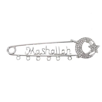 10.5CM 6 Loops Rhinestone Crystal Silver Plated Moon Brooch Baby Pins Muslim Islam Allah Mashallah in Arabic Safety Pins