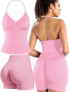 New Summer Women's Fashion Versatile Solid Color Quick Drying Strap Bareback High Waist Sports Fitness Yoga Set