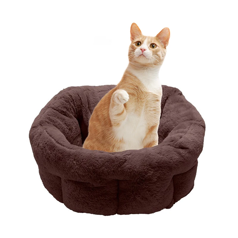 Luxury chew proof fluffy portable faux fur waterproof calming washable large round cat pet bedding dog bed for cats