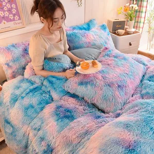 Winter Warm Colorful Fluffy Velvet Duvet Cover Set Luxury Soft Solid Color Quilt Cover With Bedsheets