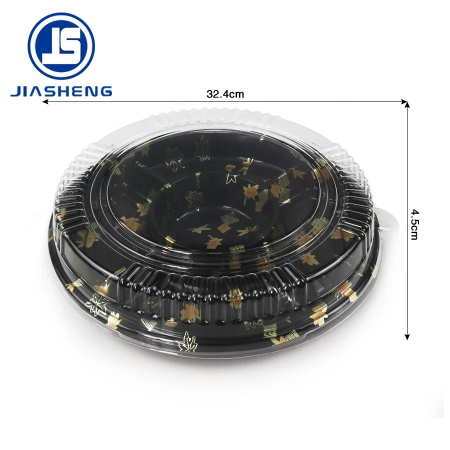 Disposable Food Grade Plastic Sushi Plates Round 5 Compartment Sushi Tray With Lid