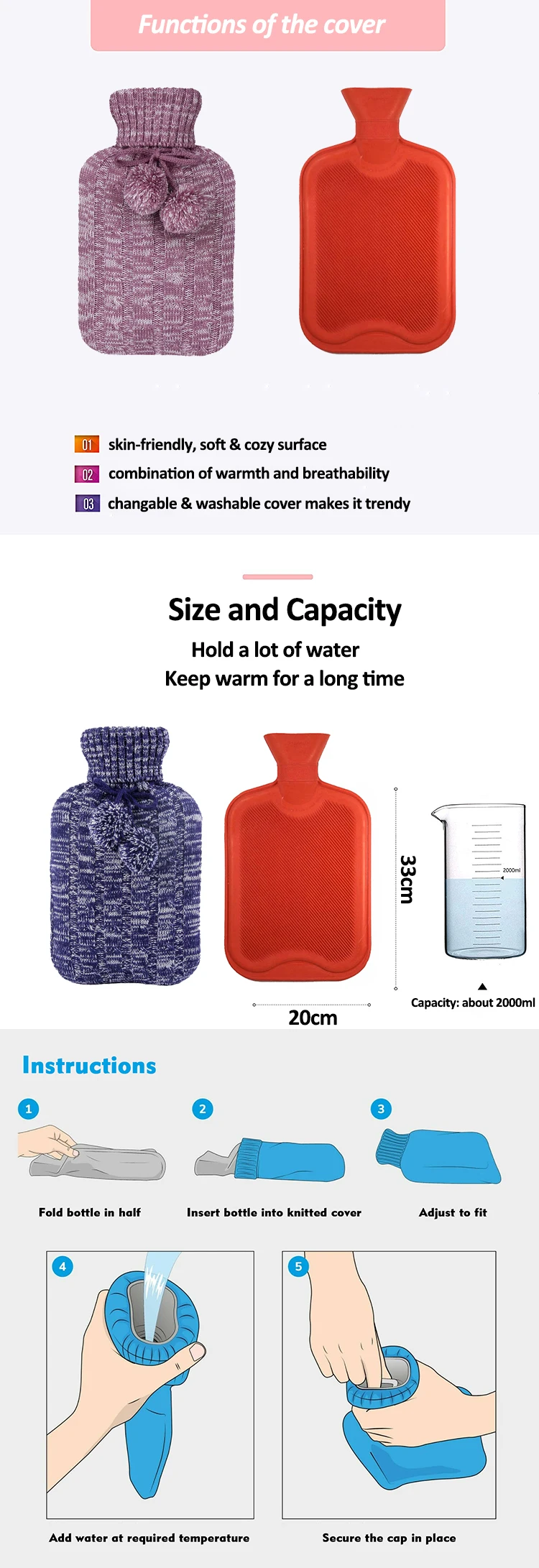 china supply rubber customized hot water bottle bag with knitted cover muscle relief for winter wholesale