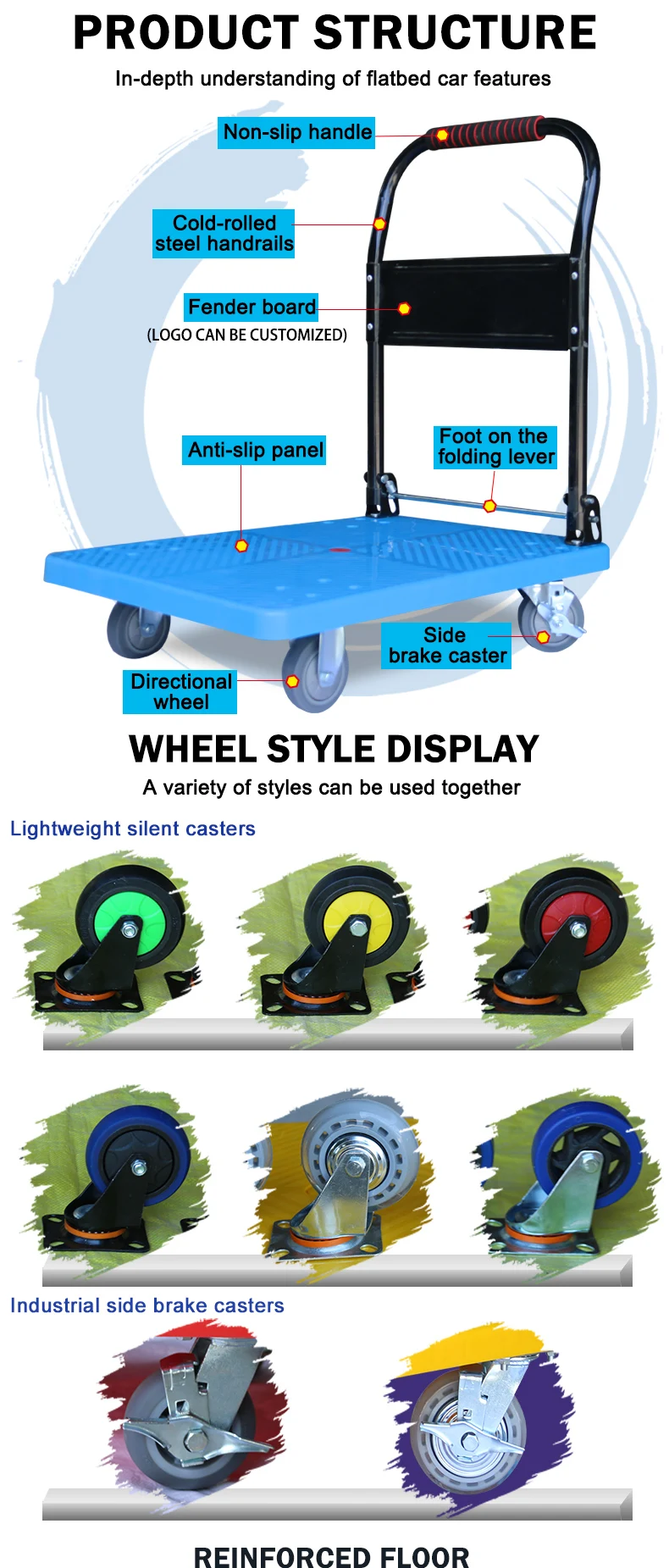 Load 200kg folding cargo trolley four wheel transport platform hand trolley plastic manufacture