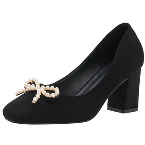 Chic Women's Black Microfiber Round Toe Block Heel Pumps with Rhinestone Bow Accent Summer Slip-On Comfortable
