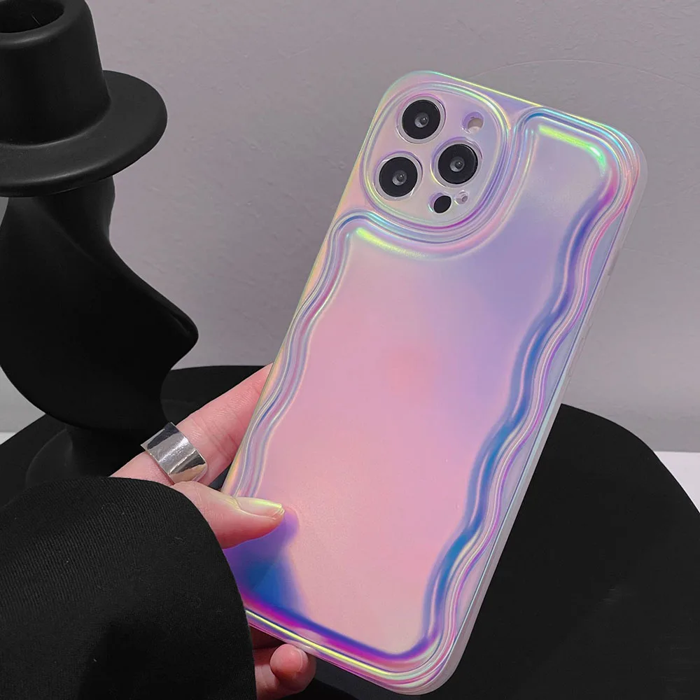 Fundas simples para Iphone 15 14 13 12 11 Xr Xs Pro Max Plus, funda de silicona con color degradado láser, patrón ondulado Sjk509 Laudtec  