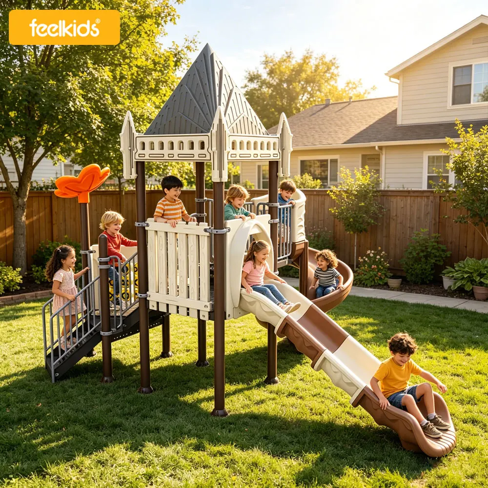 Feelkids High-Capacity Large Outdoor Playground Equipment Galvanized Pipe PE Board Slide Durable Plastic Amusement Slide