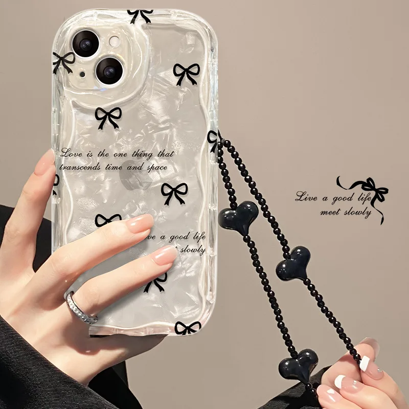 Black Bowknot Shell Pattern Paper With Bead Bracelet TPU Mobile Phone Cover Case for Iphone 7 8 Xr XS 11 12 13 14 15 16 Pro Max