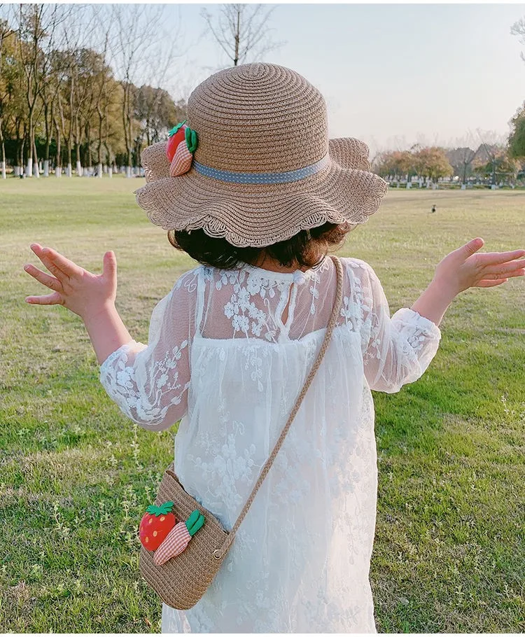 Summer Children's Mesh Sweety Cap Cute Straw Hat And Bag Set Outdoor