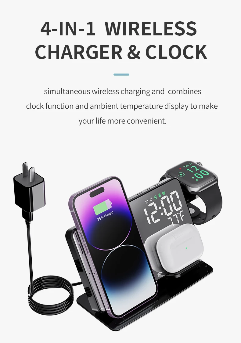 15W New Innovative Product Wireless Charger Clock LED Desktop Digital Alarm Clock Wireless Charger With Temperature