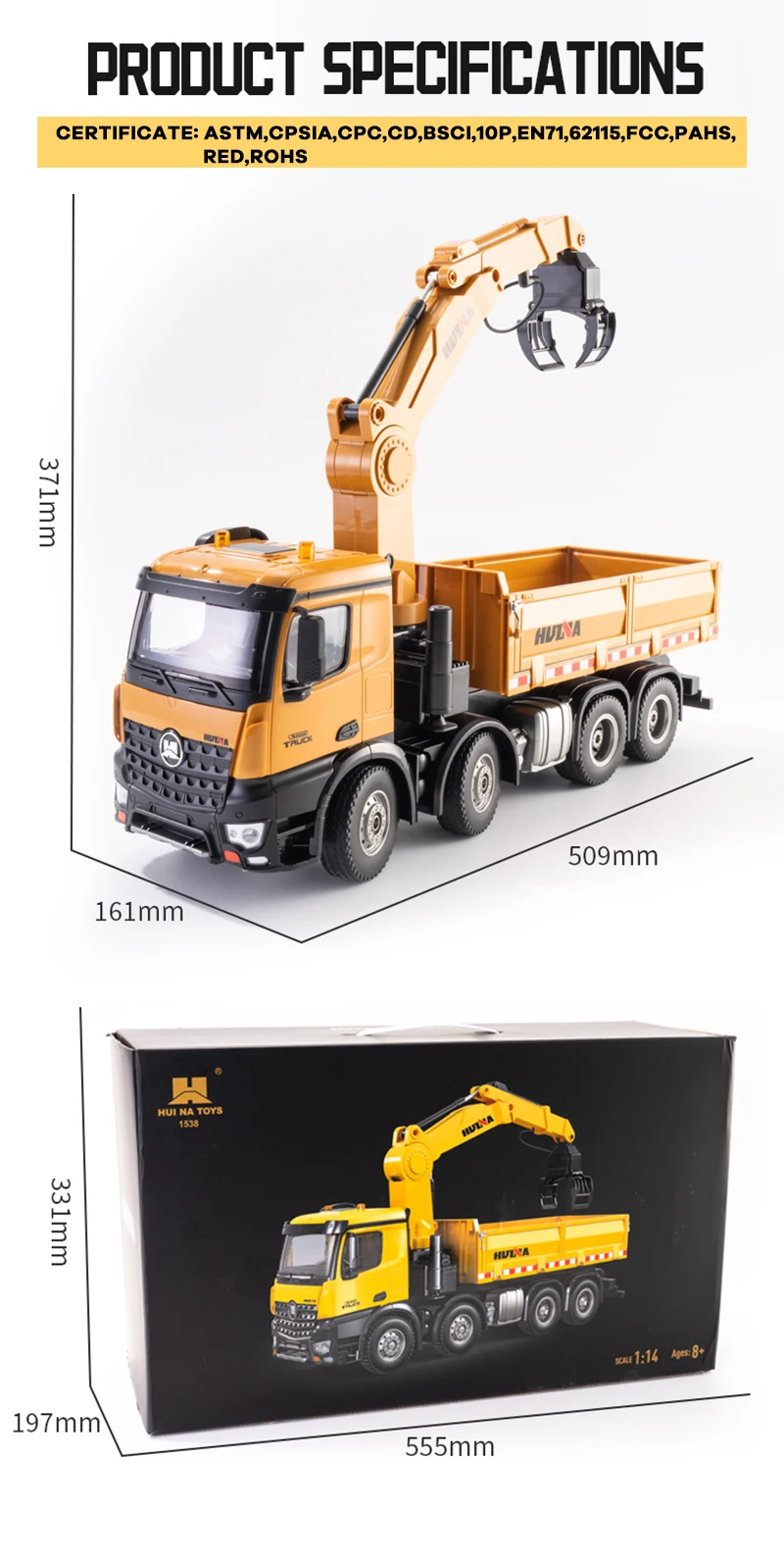 Huina 1538 1/14 3in1 Crane Rotation Arm Timber Grab Truck